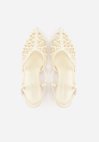 Renee - Żółte Czółenka na Szpilce z Ażurową Szydełkową Cholewką Navioil. Zapięcie: pasek. Kolor: żółty. Materiał: satyna, len. Szerokość cholewki: normalna. Wzór: ażurowy. Obcas: na szpilce. Wysokość obcasa: średni #6