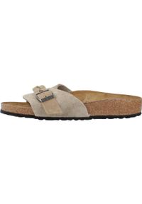 Klapki damskie Birkenstock Oita Braided Taupe Suede Calz S. Zapięcie: bez zapięcia. Kolor: beżowy. Materiał: skóra, syntetyk, materiał, tkanina, zamsz. Sport: turystyka piesza