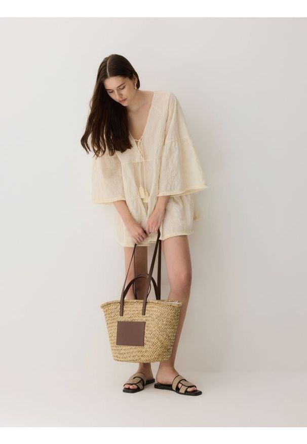 Reserved - Pleciona torebka shopper - kremowy. Kolor: kremowy