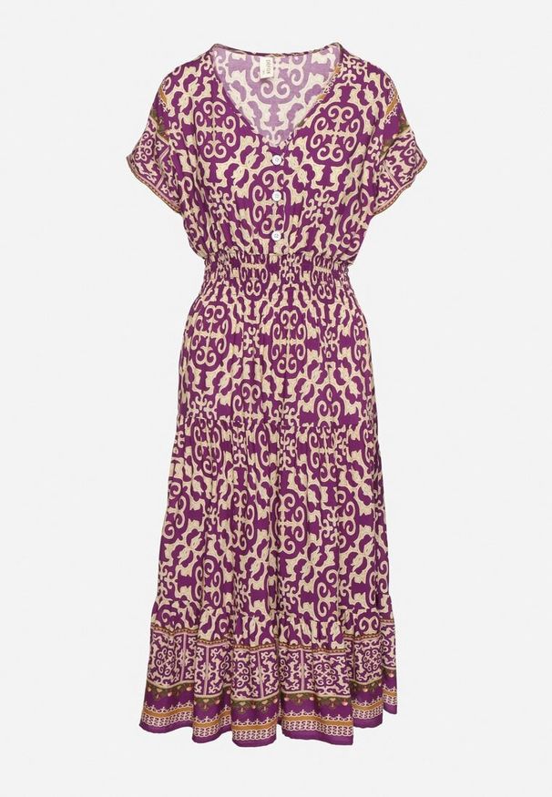 Born2be - Ciemnofioletowa Bawełniana Sukienka z Guzikami i Ornamentnym Wzorem Zisselle. Kolor: fioletowy. Materiał: bawełna