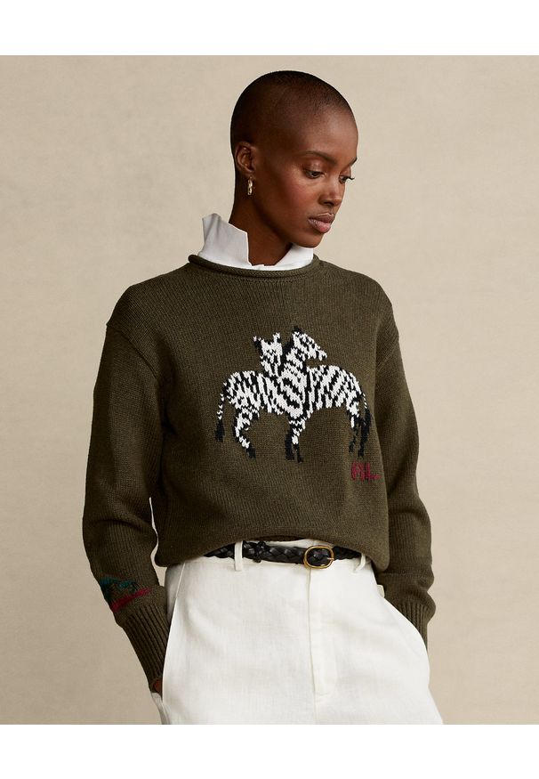 Ralph Lauren - RALPH LAUREN - Sweter z wyszywanym motywem w zebry Relaxed fit. Typ kołnierza: polo. Kolor: zielony. Materiał: tkanina. Wzór: motyw zwierzęcy