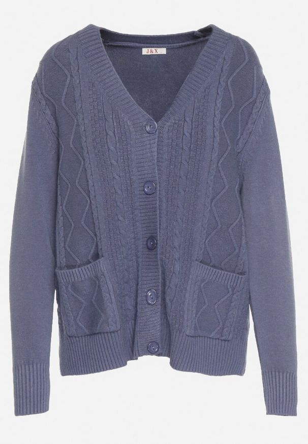 Born2be - Niebieski Kardigan z Bawełną Zdobiony Warkoczowym Splotem i Kieszeniami Mevesava. Okazja: na co dzień. Typ kołnierza: dekolt w serek. Kolor: niebieski. Materiał: bawełna. Wzór: aplikacja, ze splotem. Sezon: zima, jesień. Styl: casual, klasyczny