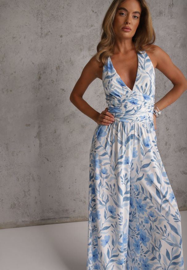 Renee - Niebieski Marszczony Kombinezon Casual z Wiskozą na Lato o Kroju Halter Phinadia. Okazja: na co dzień. Kolor: niebieski. Materiał: wiskoza. Sezon: lato. Styl: casual