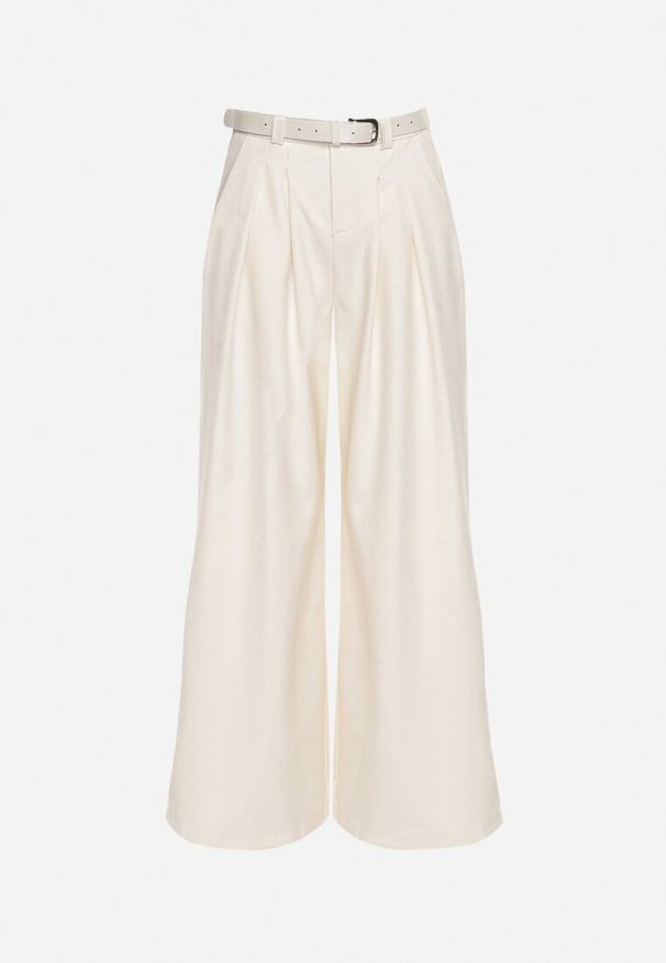 Born2be - Beżowe Szerokie Spodnie Palazzo z Wysokim Stanem i Paskiem z Ekoskóry oraz Metalową Klamrą Ninna. Okazja: na co dzień, na spotkanie biznesowe, do pracy. Stan: podwyższony. Kolor: beżowy. Styl: biznesowy, casual