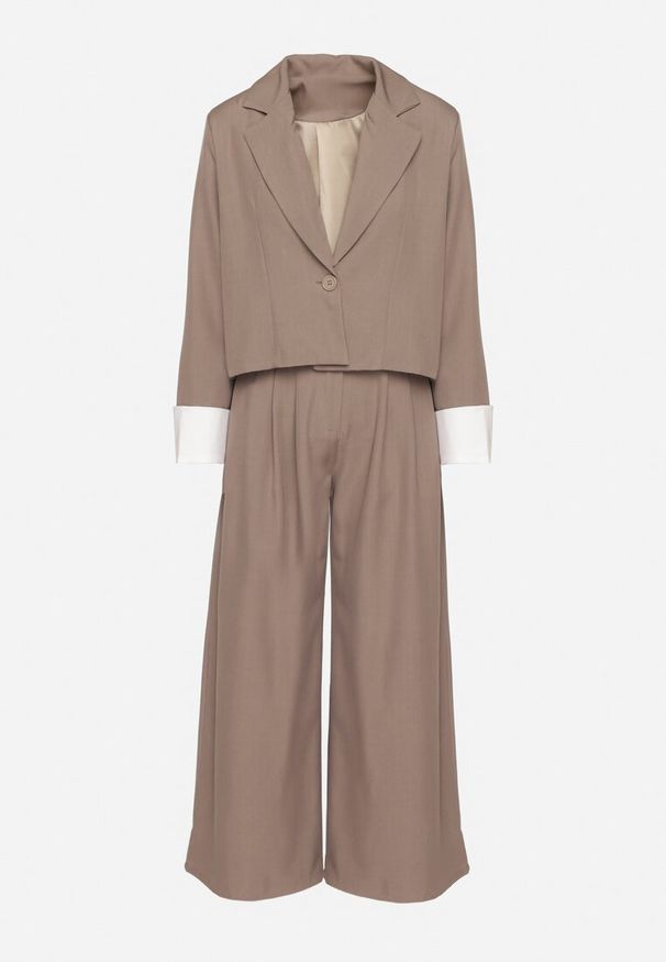 Born2be - Jasnobrązowy Komplet Garniturowy Marynarka i Spodnie z Kontrastowymi Wstawkami Daviraya. Kolor: brązowy