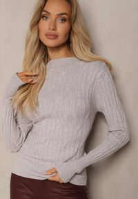 Renee - Szary Sweter z Wiskozą i Ozdobnym Splotem Saviana. Okazja: na co dzień. Kolor: szary. Materiał: wiskoza. Długość rękawa: długi rękaw. Długość: długie. Wzór: ze splotem. Styl: elegancki, casual #4