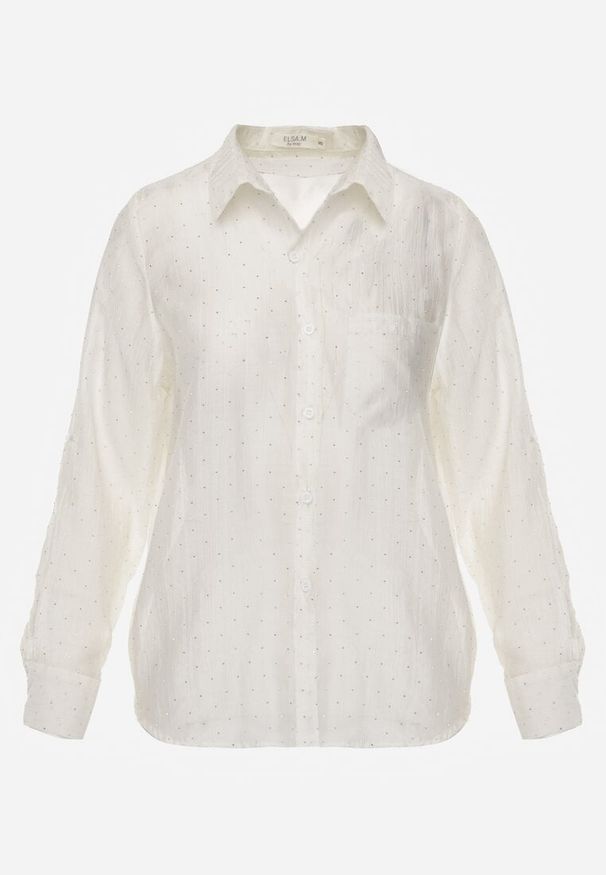 Renee - Jasnobeżowa Prześwitująca Koszula z Cyrkoniami Arialle. Okazja: na co dzień. Kolor: beżowy. Materiał: jeans. Styl: casual