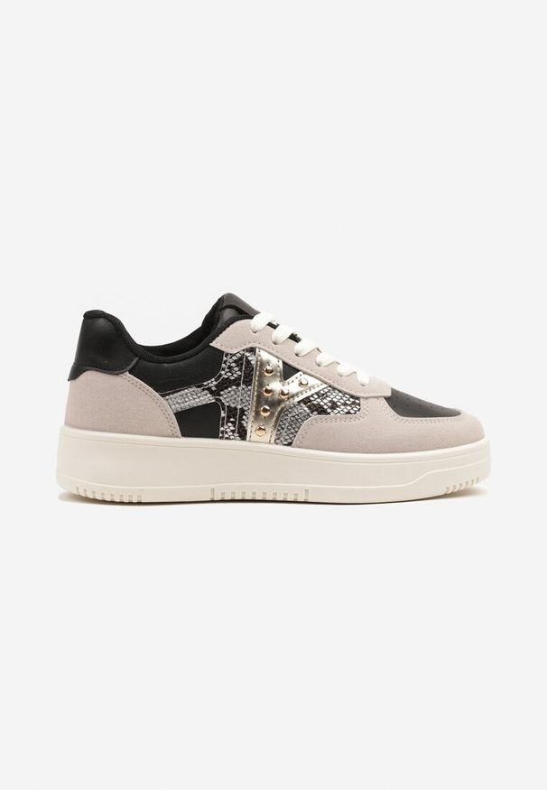 Renee - Czarno-Beżowe Sneakersy Zdobione Metaliczną Aplikacją i Imitacją Skóry Węża Sarivane. Zapięcie: sznurówki. Kolor: czarny. Materiał: skóra. Wzór: aplikacja. Sezon: wiosna, lato