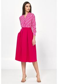 Nife - Rozkloszowana Midi Spódnica z Zakładkami - Różowa. Kolor: różowy. Materiał: poliester, elastan, wiskoza #1