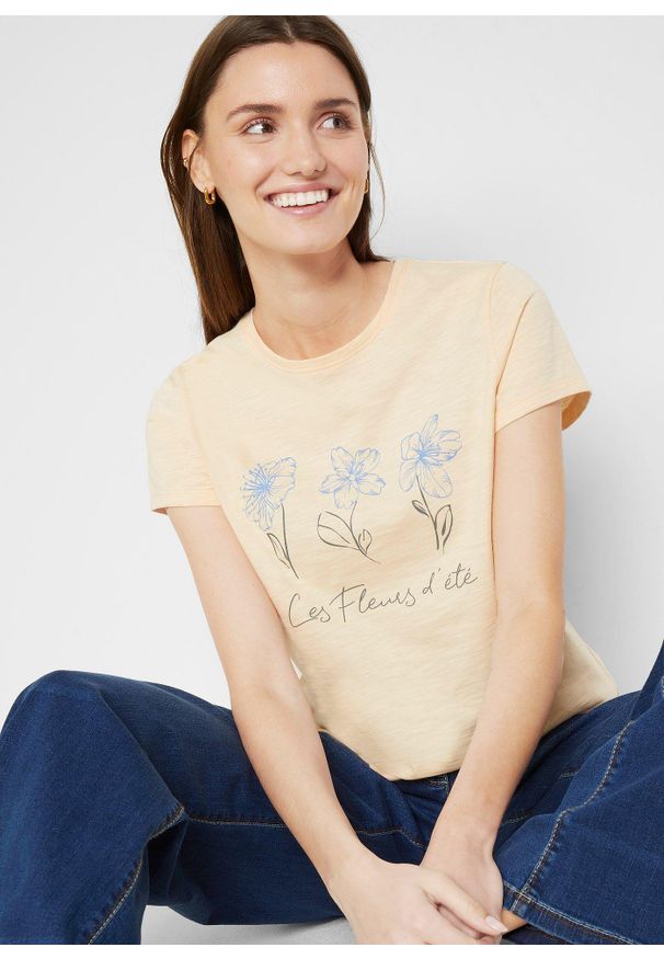 bonprix - T-shirt basic z nadrukiem (2 szt.). Kolor: pomarańczowy. Wzór: nadruk