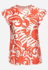 Born2be - Pomarańczowa Koszula w Abstrakcyjny Print z Falbankami i Guzikami Norbia. Typ kołnierza: kołnierz z falbankami. Kolor: pomarańczowy. Wzór: nadruk #4