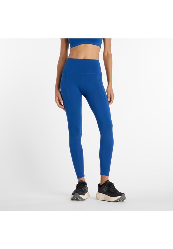 Legginsy damskie New Balance WP51268GAB – niebieskie. Stan: podwyższony. Kolor: niebieski. Materiał: poliester, materiał, lycra. Wzór: gładki. Sport: fitness