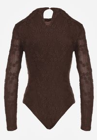 Renee - Brązowe Body Longsleeve z Koronki z Bawełną Zenisesa. Okazja: na co dzień, na imprezę. Typ kołnierza: kołnierzyk stójkowy. Kolor: brązowy. Materiał: bawełna, koronka. Długość rękawa: długi rękaw. Długość: długie. Wzór: koronka. Styl: casual, elegancki #2