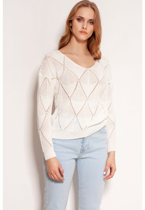 Lanti - Ażurowy Sweter z Głębokim Dekoltem V - Ecru. Materiał: bawełna, akryl. Wzór: ażurowy
