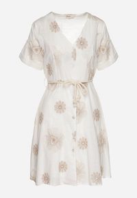 Born2be - Biała Sukienka w Stylu Boho w Haftowane Kwiaty ze Sznurkiem Evionis. Okazja: na co dzień. Typ kołnierza: dekolt w serek. Kolor: biały. Wzór: haft, kwiaty. Styl: boho #2