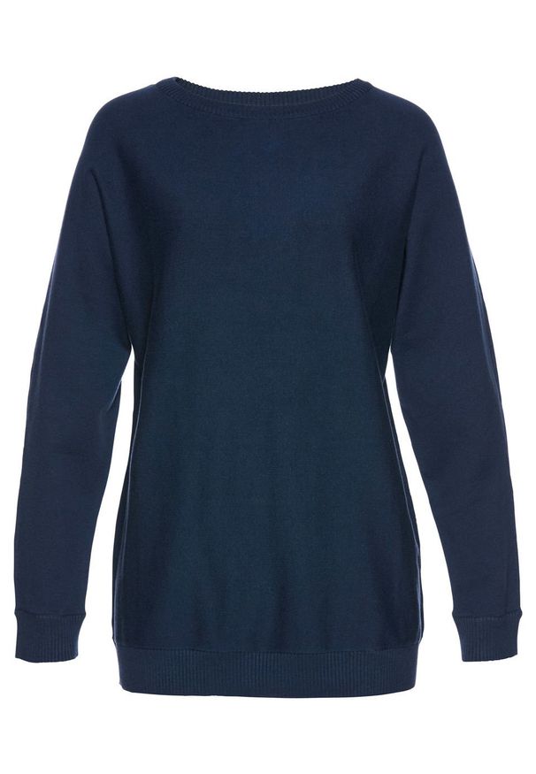 Sweter z rękawami typu nietoperz bonprix ciemnoniebieski. Kolor: niebieski. Wzór: prążki