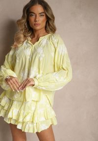 Renee - Żółty Komplet z Bawełny Spódnico-Spodenki i Koszula z Szerokimi Rękawami Savalene. Kolor: żółty. Materiał: bawełna. Wzór: kwiaty