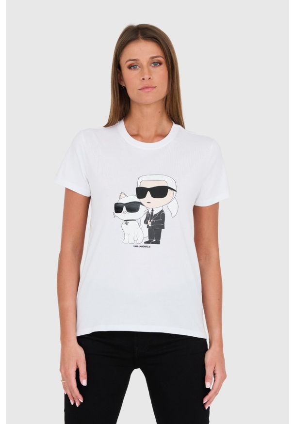 Karl Lagerfeld - KARL LAGERFELD Biały damski t-shirt Ikonik 2.0, Rozmiar S. Kolor: biały. Materiał: bawełna