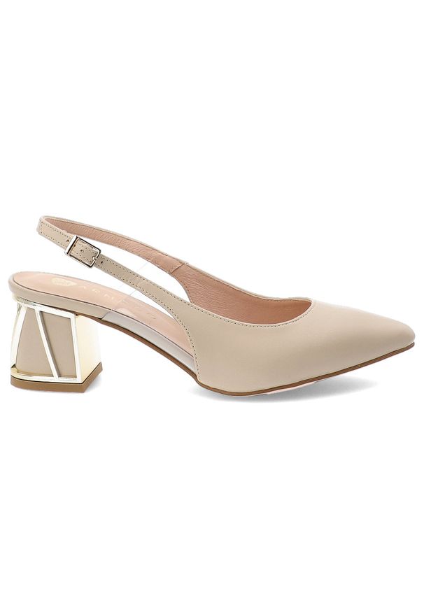 Beżowe Czółenka Armodo Eleganckie Obuwie Damskie. Okazja: na co dzień. Nosek buta: szpiczasty. Zapięcie: pasek. Kolor: beżowy. Wzór: geometria. Materiał: skóra. Obcas: na obcasie. Styl: elegancki. Wysokość obcasa: średni