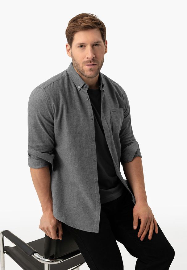 Volcano - Szara koszula, Slim Fit, K-BELANOS. Okazja: na co dzień. Typ kołnierza: button down. Kolor: szary. Materiał: bawełna, materiał. Styl: casual, elegancki