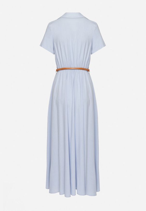 Born2be - Niebieska Wiskozowa Sukienka o Koszulowym Fasonie z Wąskim Paskiem Fillamea. Kolor: niebieski. Materiał: wiskoza. Wzór: aplikacja. Typ sukienki: koszulowe. Styl: elegancki