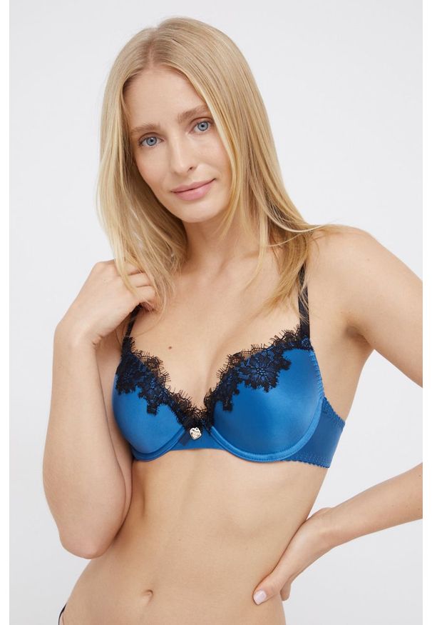 TwinSet - Twinset - Biustonosz. Kolor: niebieski. Materiał: satyna, materiał. Rodzaj stanika: odpinane ramiączka, wyciągane miseczki, biustonosz z fiszbinami. Wzór: ze splotem, gładki, aplikacja