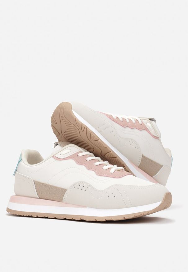 Renee - Biało-Różowe Sneakersy Zdobione Wstawkami z Imitacji Skóry Fayela. Kolor: różowy. Materiał: skóra. Wzór: aplikacja