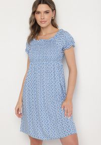 Born2be - Niebieska Wiskozowa Sukienka Typu Hiszpanka w Kwiaty Lunirella. Okazja: na co dzień. Typ kołnierza: dekolt hiszpanka. Kolor: niebieski. Materiał: wiskoza. Długość rękawa: krótki rękaw. Wzór: kwiaty. Sezon: lato. Styl: elegancki, casual #3