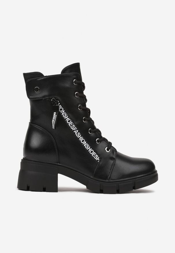 Renee - Czarne Botki Workery na Niskim Obcasie z Ozdobnym Suwakiem Zeriora. Okazja: na co dzień. Kolor: czarny. Materiał: lakier, jeans, skóra. Obcas: na obcasie. Styl: elegancki, casual. Wysokość obcasa: niski