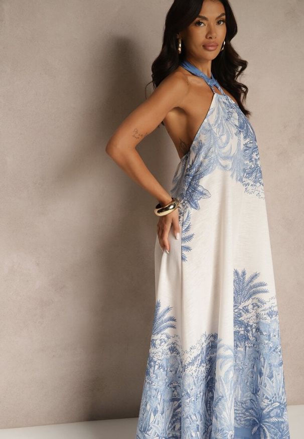 Renee - Niebieska Sukienka z Wiskozą Ozdobiona Wiązaniem i Wzorem Palm Folenella. Okazja: na co dzień. Kolor: niebieski. Materiał: wiskoza. Wzór: aplikacja. Sezon: lato. Styl: casual, elegancki