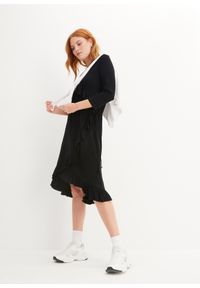 bonprix - Sukienka z wiskozy - dżerseju z falbaną w dekolcie. Kolor: czarny. Materiał: wiskoza, jersey