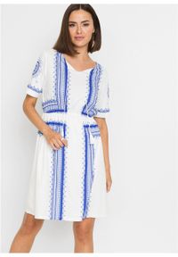 Sukienka z dżerseju z nadrukiem bonprix biel wełny - niebieski z nadrukiem. Kolor: biały. Materiał: wełna, jersey. Wzór: nadruk #4