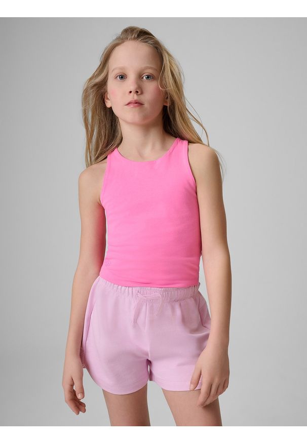 4f - 4F Crop top slim gładki dziewczęcy - różowy 146 (10-11 lat). Okazja: na co dzień. Kolor: różowy. Materiał: dzianina, skóra, materiał, bawełna. Długość: krótkie. Wzór: gładki. Sezon: lato. Styl: casual