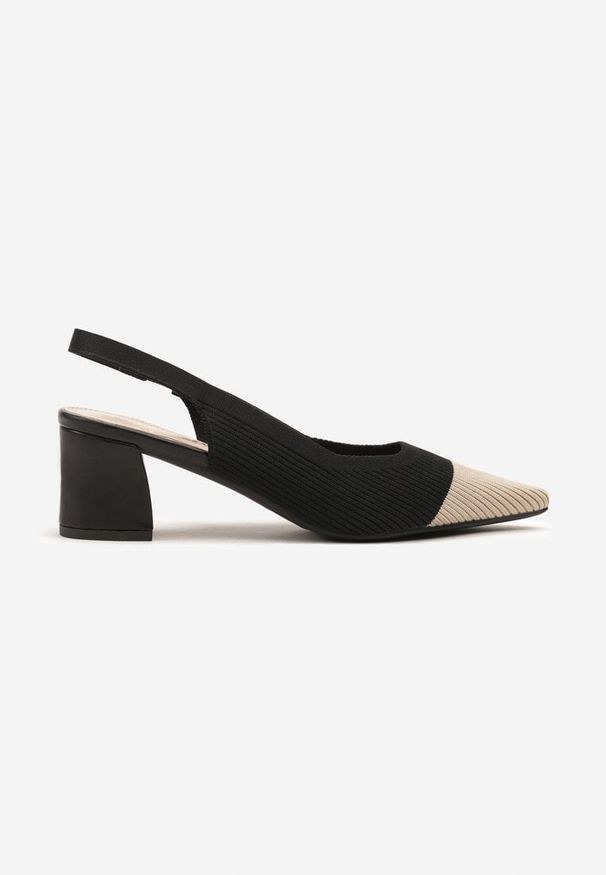 Renee - Czarne Sandały na Słupku Typu Slingback z Kontrastowym Noskiem Udivira. Okazja: na co dzień, na spacer. Kolor: czarny. Materiał: jeans. Obcas: na słupku. Styl: elegancki, casual