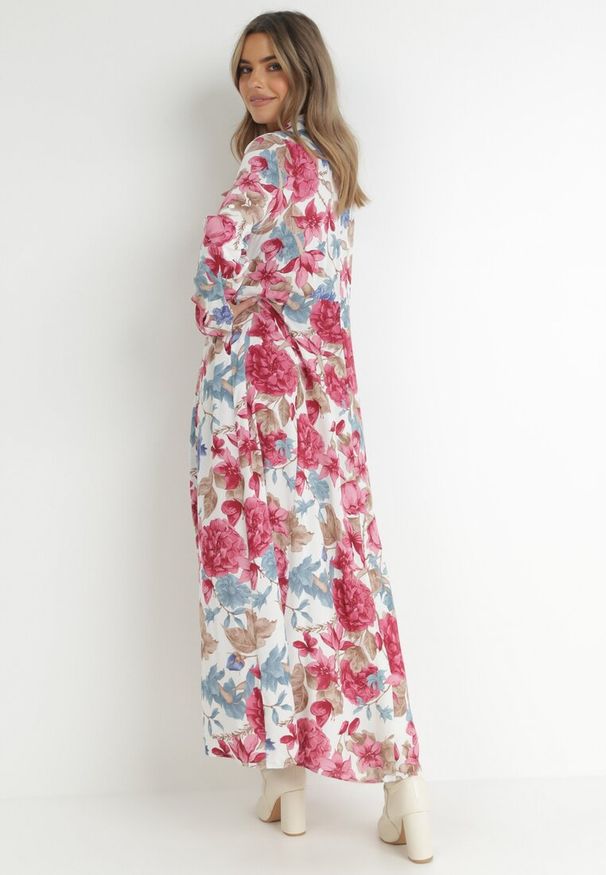 Born2be - Biała Sukienka Koszulowa z Rozcięciem w Kwiaty Vethere. Kolor: biały. Długość rękawa: długi rękaw. Wzór: kwiaty. Typ sukienki: koszulowe. Styl: elegancki. Długość: maxi