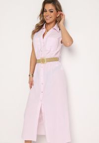 Born2be - Różowa Bawełniana Sukienka Koszulowa z Gumką w Talii i Paskiem z Klamrą Xalorea. Kolor: różowy. Materiał: bawełna. Typ sukienki: koszulowe. Styl: elegancki #7