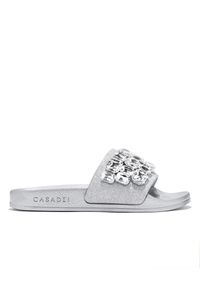 Casadei - CASADEI - Srebrne klapki z kryształami Pool. Kolor: srebrny. Materiał: jeans. Wzór: aplikacja, napisy. Sezon: lato. Styl: klasyczny #4