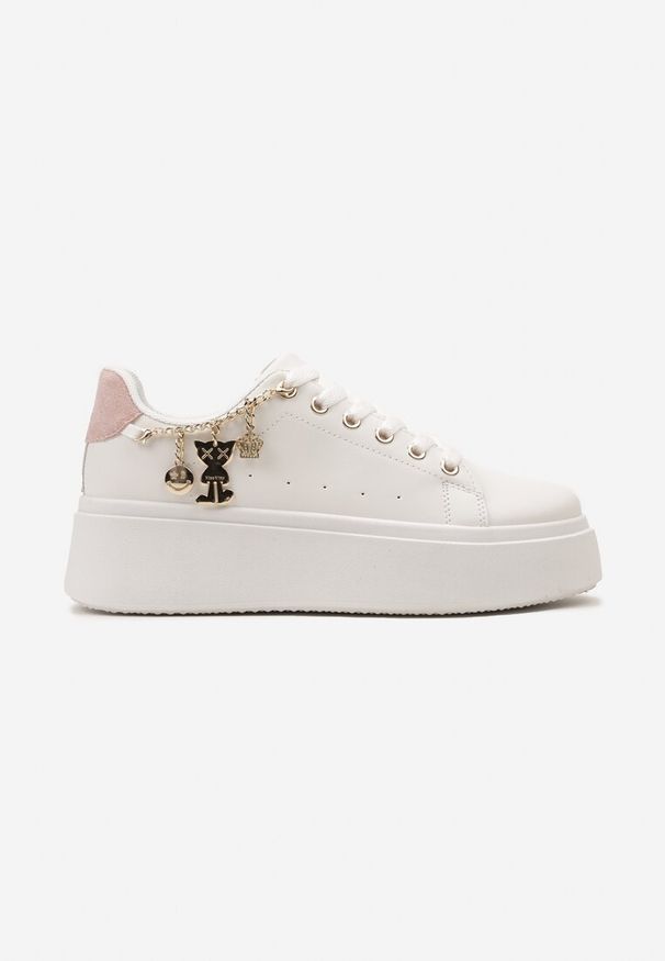 Born2be - Biało-Różowe Sneakersy na Platformie z Ozdobnym Łańcuszkiem i Sznurowaniem Raelffe. Nosek buta: okrągły. Zapięcie: sznurówki. Kolor: biały. Materiał: materiał. Obcas: na platformie. Wysokość obcasa: niski