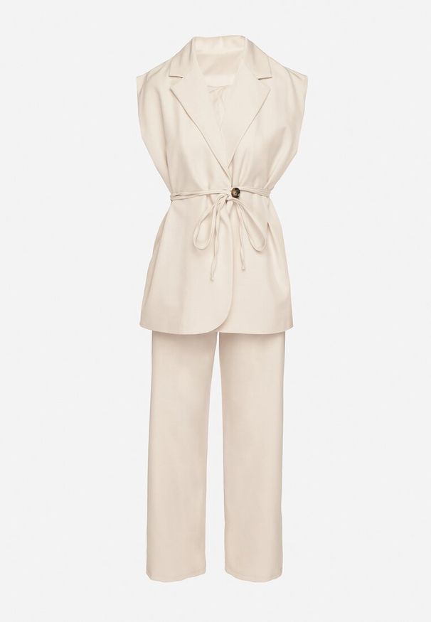 Born2be - Beżowy Komplet Garniturowy Wiązana Kamizelka i Szerokie Spodnie Davionis. Kolor: beżowy