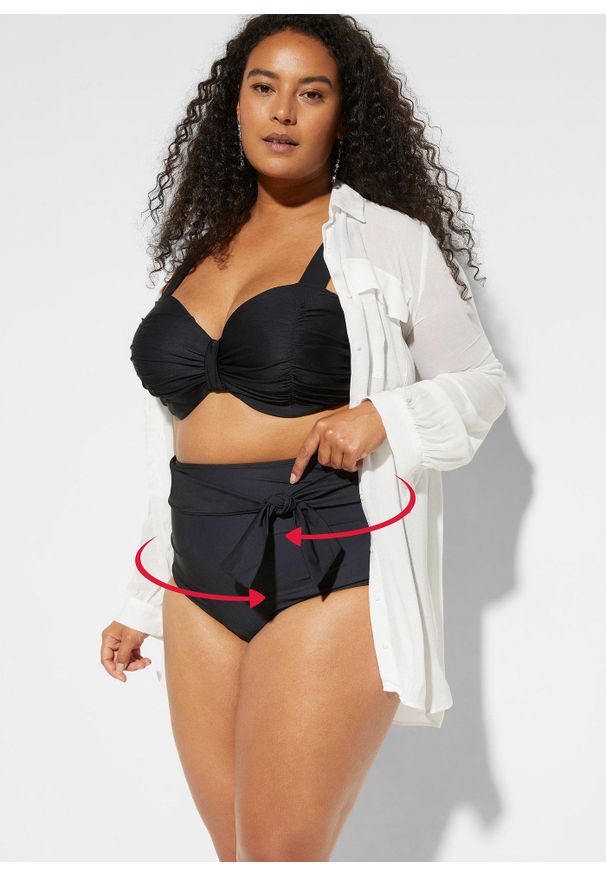 bonprix - Mocno modelujące figi bikini z wysokim stanem i wiązanym paskiem. Stan: podwyższony. Kolor: czarny. Materiał: materiał