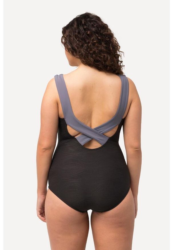 ULLA POPKEN - Damski Strój kąpielowy struktura miękkie miseczki skrzyżowane z tyłu ramiączka. Kolekcja: plus size. Kolor: czarny. Materiał: elastan, poliester, materiał