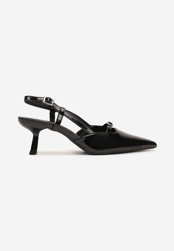 Renee - Czarne Czółenka na Szpilce Typu Kaczuszka Peep Toe Ozdobione Klamrami Evalssia. Okazja: na co dzień. Nosek buta: otwarty. Zapięcie: klamry. Kolor: czarny. Materiał: jeans. Wzór: aplikacja. Obcas: na szpilce. Styl: elegancki, casual