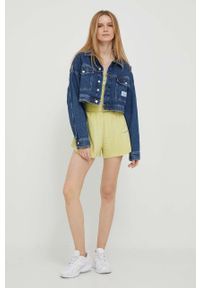 Calvin Klein Jeans szorty damskie kolor zielony z nadrukiem high waist. Stan: podwyższony. Kolor: zielony. Materiał: dzianina. Wzór: nadruk #3