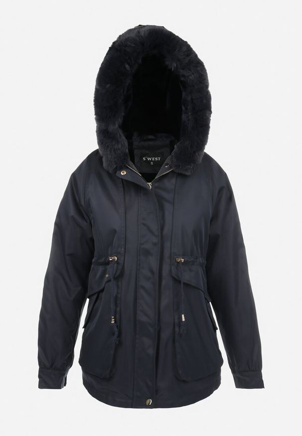 Born2be - Granatowa Kurtka Nylonowa Parka z Odpinanym Futerkiem Beaten. Kolor: niebieski. Materiał: nylon, futro. Wzór: paski, aplikacja