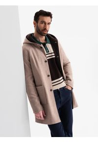 Ombre Clothing - Melanżowy długi męski płaszcz z kapturem – beżowy V2 - Rozmiar: XXL. Typ kołnierza: kaptur. Kolor: beżowy. Materiał: tkanina, wełna, poliester, materiał, syntetyk, włókno, nylon. Długość: długie. Wzór: melanż. Sezon: zima. Styl: elegancki
