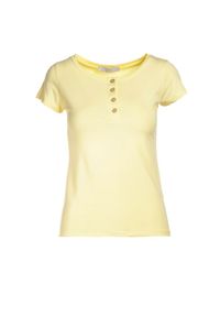 Born2be - Jasnożółty T-shirt Oranore. Okazja: na co dzień. Kolor: żółty. Materiał: dzianina. Długość rękawa: krótki rękaw. Długość: krótkie. Wzór: gładki. Styl: casual, klasyczny