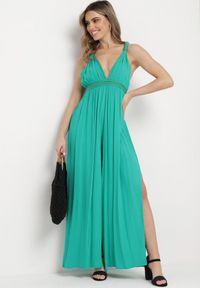 Born2be - Zielony Wiskozowy Kombinezon z Gumką w Pasie i Plecionym Sznurkiem z Lnem Evalin. Kolor: zielony. Materiał: wiskoza, len. Długość rękawa: na ramiączkach. Wzór: aplikacja #1