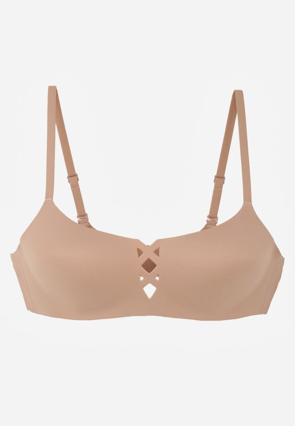 Born2be - Ciemnobeżowy Gładki Biustonosz z Ozdobną Imitacją Sznurowania Azivene. Kolor: beżowy. Wzór: gładki