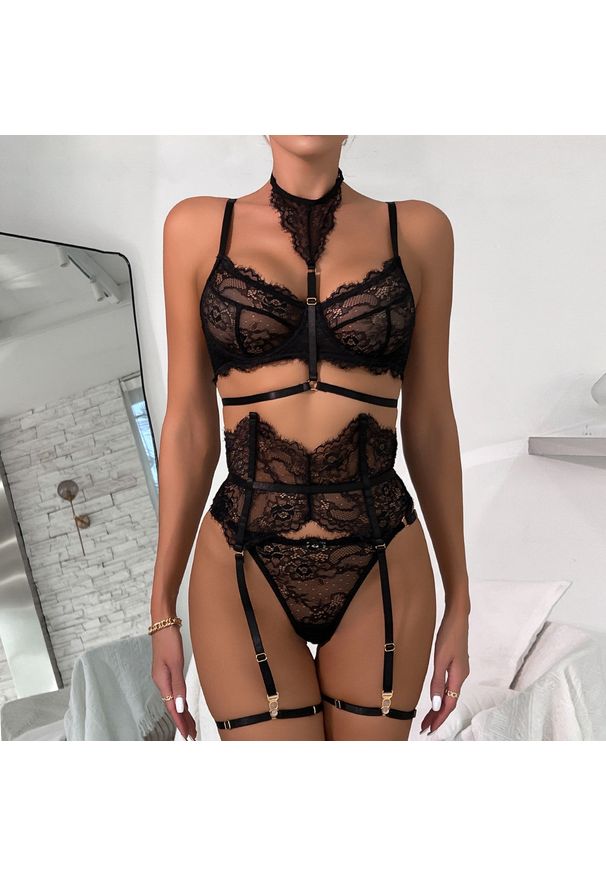 Intica - Komplet bielizny koronkowej z ozdobą na szyję na romantyczne wieczory Nunuta. Kolor: czerwony. Materiał: koronka. Wzór: aplikacja