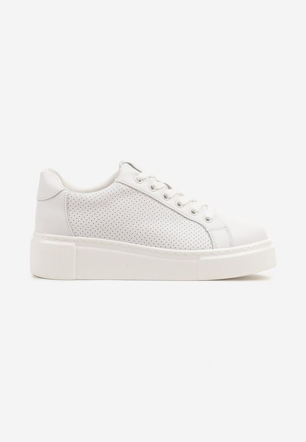 Renee - Białe Sneakersy Skórzane na Platformie z Ozdobą i Perforacją Neolivia. Okazja: na co dzień. Kolor: biały. Materiał: skóra. Wzór: aplikacja. Obcas: na platformie
